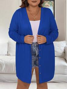 EMERY ROSE Jacke mit Knopfverschluss, langärmlig, in Unifarben Optik, für Lässig, Große Größen - Königsblau - Übersicht 8