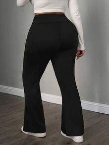 SHEIN PETITE CURVE 大码女装秋冬返校休闲家居瑜伽舒适户外纯黑色针织弹力腰高腰口袋喇叭裤，带口袋的打底裤，大码喇叭裤，大码阔腿裤，大码喇叭裤，春季，优雅，休闲，黑色裤子 - 黑色 - 查看 2