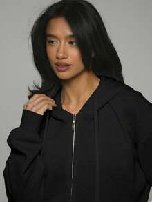 Musera Sport 拉链连帽抽绳宽松针织外套，适合板式网球、网球、匹克球、健身房日常休闲穿着 - 黑色 - 查看 5