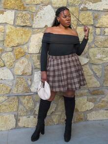 Truni Awkwardfatgirl Plus Size Vintage Plaid Pleated A-Line Skirt, For Pear Triangle Body Shape