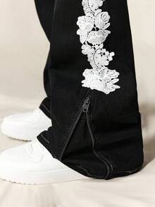 ROMWE MEN Men's Casual Avant Street Style Drawstring Layered Flare Leg Jeans - Black - View 2