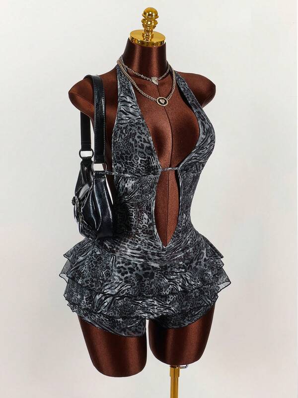 Amplova Mono corto con estampado de leopardo, escote halter y espalda descubierta, para verano