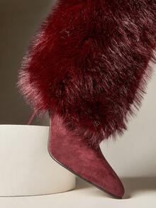 SHUZIA Sepatu Boot Stiletto Hak Tinggi Berbulu Imitasi Warna Burgundy untuk Wanita Seksi, Ujung Lancip, Setinggi Lutut, Cocok untuk Musim Gugur, Musim Dingin, dan Liburan Natal. - Burgundy - View 6