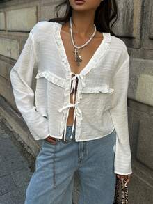 Coolane 女式夏季波西米亚风 Y2K 节日外出度假亚麻荷叶边 V 领衬衫 - 米色 - 查看 1