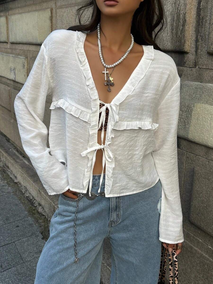 Coolane 女式夏季波西米亚风 Y2K 节日外出度假亚麻荷叶边 V 领衬衫 - 米色 - 查看 1