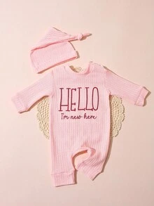 SHEIN New Born Photography Outfits Baby Boys Girls "HELLO" Embroidery Jumpsuit And Hat 2pcs Set, Infant 1 Month 100 Days Photo Studio Shooting Props Fall Winter