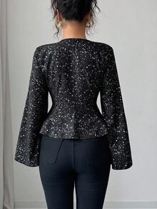 Elenzga Women's Round Neck Cinched Waist Ruffle Hem Shiny Silver Lightweight Jacket