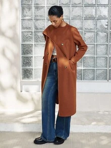 SHEIN Luminelle 女士秋冬时尚双排扣开衩羊毛大衣 - 棕色 - 查看 5