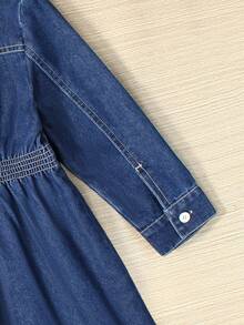 Rochie elegantă din denim pentru fete, cu mânecă lungă și decor cu perle - Spălare medie - Vizualizare 3