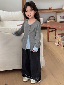 DAZY 少女圆领针织二合一长袖T恤，秋季服装 - 灰色 - 查看 5