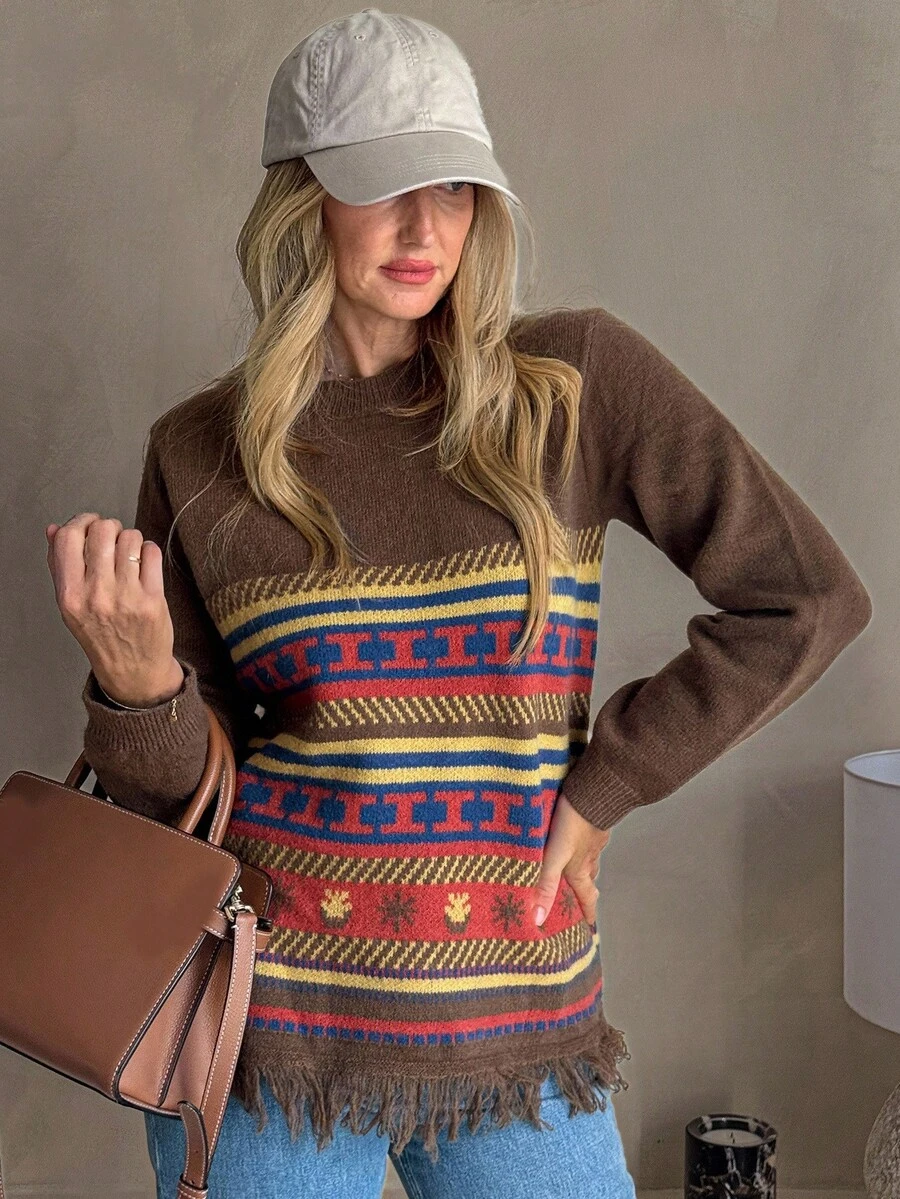 Livesso Women's Retro Style Loose Fit Fringe Sweater