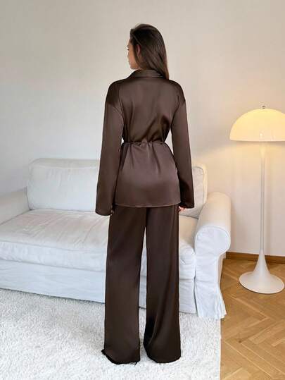 SHEIN Tall طقم نسائي أنيق من قطعتين باللون البني القهوة من الساتان للخريف، كارديجان بأكمام طويلة وربطة أمامية مع بنطال بخصر مطاطي، ملابس عمل مكتبية راقية مناسبة للبرانش، للنساء الطويلات