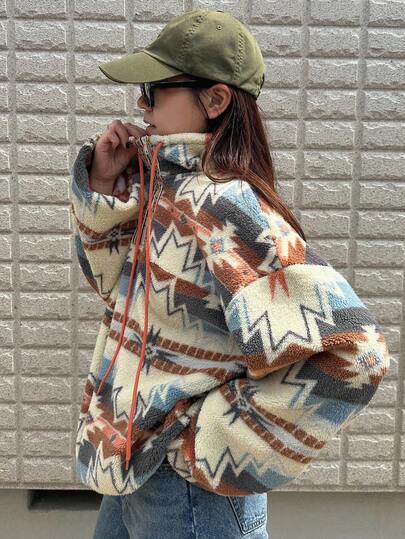 FRIFUL Sudadera holgada y versátil de mujer con cuello alto, bloqueo de color, cordón, hombros caídos, manga larga, borde de tela de sherpa, cintura ajustada, forrada de felpa, para otoño e invierno