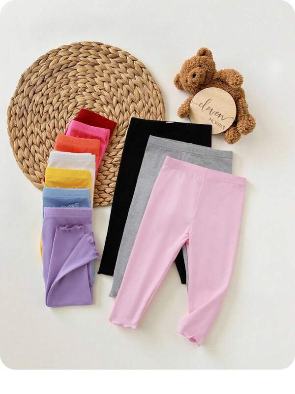 10pcs/Set Baby Girl Casual Versatile Knitted Elastic Leggings In Solid Colors With Elastic Waistband