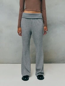 TypaGal Soft Knit Grey Autumn Casual Loungewear Pants With Wide Rollover Waistband,Clean Flared Leg,Cozy Streetwear Vibes For Layering - Brown - View 1