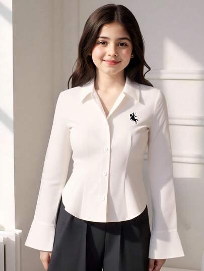 SHEIN Sparklyn 青少年女孩印花修身纽扣长袖休闲衬衫、秋季上衣