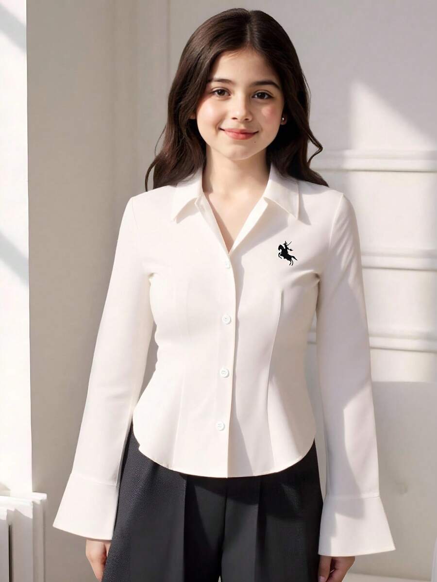 SHEIN 青少年女孩印花修身纽扣长袖休闲衬衫、秋季上衣 - 杏色 - 查看 1