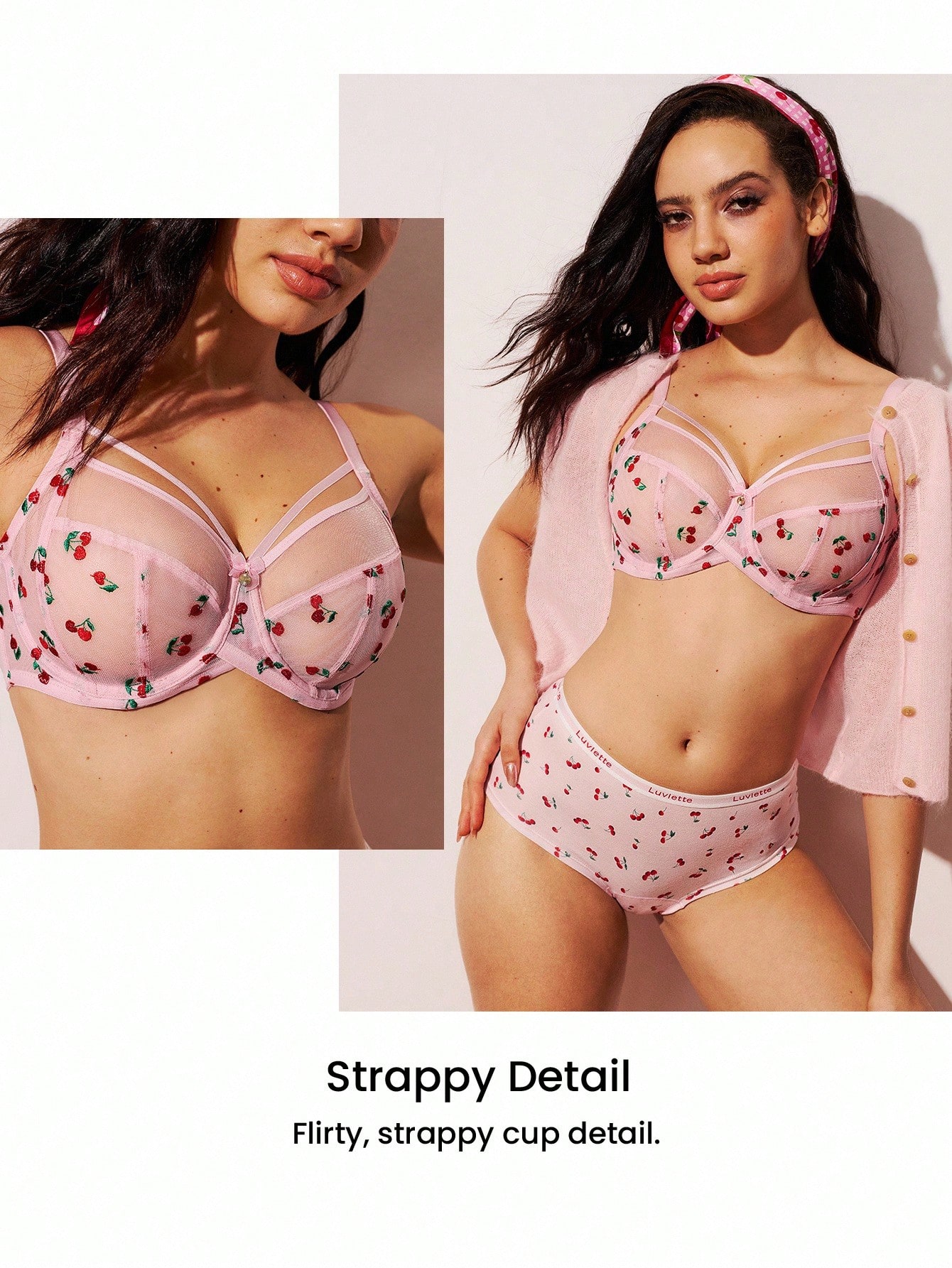 Soutien-gorge minimiseur en maille rose transparente à couverture intégrale et sans doublure, avec support latéral. Lingerie sexy à motif floral cerise pour Noël et le Nouvel An