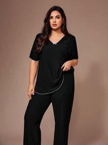 Lazeform Comfortable Ribbed Knit Casual Plus Size Pajama Set - Black - View 7