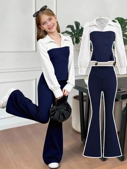 SHEIN Tween Girls' Colorblock Trim Long Sleeve Top And Straight Leg Casual Pants Set, Suitable For Dates, Parties, Back To School, Autumn/Winter Set Outfit For Girl Outfit Set Pants And Top Set Preppy Two Pieces Set