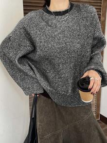 DAZY Áo len chui đầu kẻ sọc nhiều màu dáng rộng thoải mái cho nữ, phù hợp mặc công sở mùa thu đông - màu đen - Xem 4