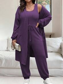 Vionelle Bộ đồ liền thân không tay màu trơn cỡ lớn và áo khoác cardigan dài tay 2 món màu tím Bộ đồ hai mảnh cho nữ Bộ quần cỡ lớn cho nữ Bộ đồ mặc nhà màu tím cho nữ Bộ đồ hai mảnh cỡ lớn cho nữ Bộ đồ ba mảnh màu tím cho nữ - Màu tím - Xem 8