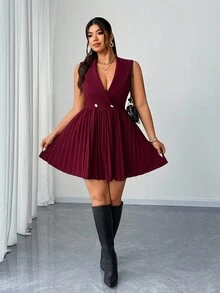SHEIN Elenzya Plus Size Women's Elegant Refined Casual Business Blazer Collar Cinched Waist Sleeveless Pleated Mini Dress, Spring/Autumn - Burgundy - View 5