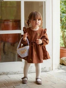 SHEIN Vintaside Kids Baby Girls' Corduroy Dress, Embroidered Floral Pattern, Elegant Countryside Style, Suitable For Spring, Autumn And Winter Transition Seasons Fall