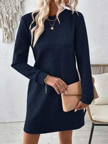 EMERY ROSE Váy suông rộng tay dài màu trơn họa tiết thường ngày cho nữ - Xanh đậm - Xem 7