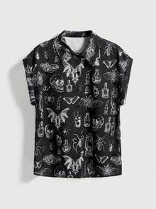 ROMWE Goth 大码女式哥特骷髅蝴蝶印花复古休闲衬衫 - 黑色 - 查看 1