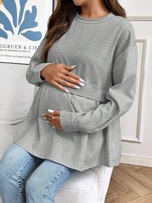 SHEIN 孕妇休闲通勤拼布条纹二合一运动衫，春秋季 - 灰色 - 查看 6