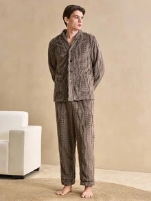 男士长袖提花毛绒上衣和长裤睡衣套装，秋冬保暖舒适