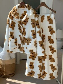 Comfortcana 2pcs Women Casual Bear Print Jacket And Pants Set, Autumn/Winter Fluffy Pajamas