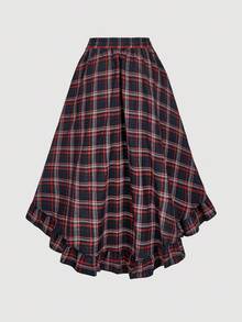 SHEIN MOD 大码复古红色格子不对称下摆荷叶边叠层半身裙，哥特西部风圣诞裙 - 紅色 - 查看 2