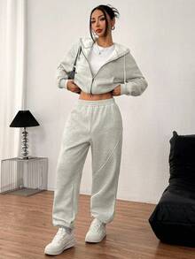 INAWLY Bộ 2 món áo nỉ có mũ trùm đầu và quần rút dây trơn màu dành cho nữ - Xám - Xem 5
