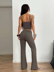 StreetHx 2000 年代风格女式街头 Y2K 服装，黑色金属装饰吊带背心和短裤套装，休闲秋冬 - 灰色 - 查看 2