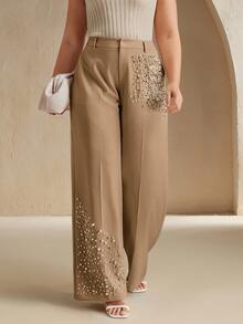 Anewsta Plus Size Fashionable Beaded Women Pants - Khaki - View 5