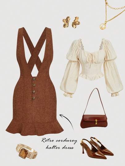 SHEIN MOD 女式灯芯绒复古休闲优雅通勤吊带迷你连衣裙