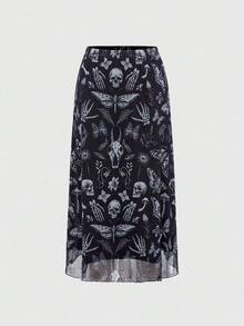 ROMWE Grunge Punk Women's Dark Gothic Bat, Skull, Moon, Pumpkin Print A-Line Punk Skirt - Black - View 1