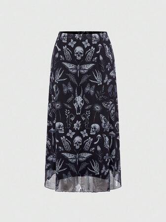 Grunge Punk Jupe mini punk évasée pour femmes avec imprimé gothique sombre de chauve-souris, crâne, lune et citrouille