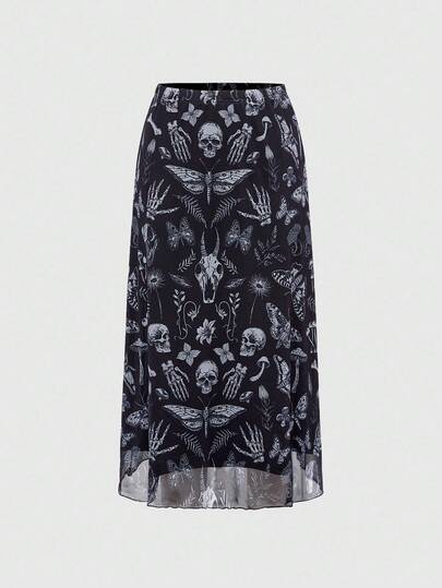 Grunge Punk Jupe mini punk évasée pour femmes avec imprimé gothique sombre de chauve-souris, crâne, lune et citrouille