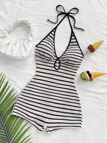 Soleia 女士休闲度假新款 V 领露背系带蝴蝶结镂空黑白撞色修身罗纹连体裤，适合派对、约会、下午茶、海滩 - 黑與白 - 查看 6