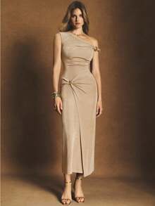 Poéselle Damen elegantes einfarbiges Midikleid mit asymmetrischem Ausschnitt und Wickeldetail, Sommer - Khaki - Übersicht 1