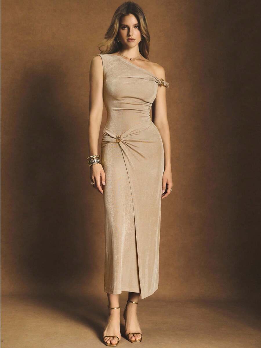 Poéselle Damen elegantes einfarbiges Midikleid mit asymmetrischem Ausschnitt und Wickeldetail, Sommer - Khaki - Übersicht 1