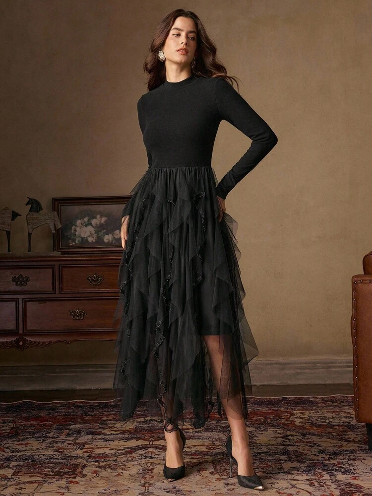 Elegant Vintage French Style Black Mock Neck Mesh Patchwork Fit & Flare Dress, Autumn