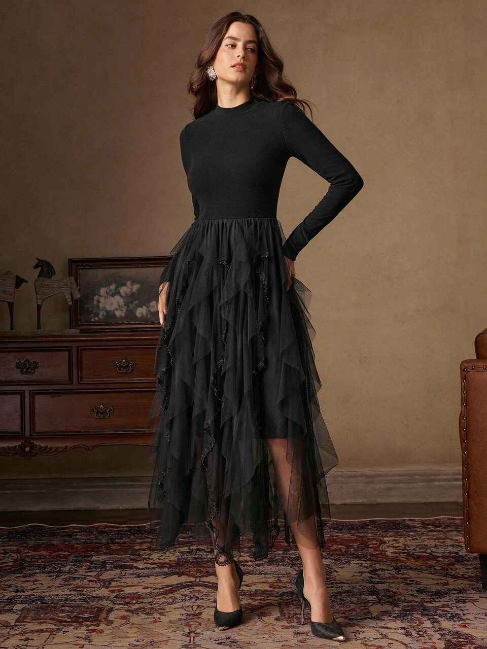 Elegant Vintage French Style Black Mock Neck Mesh Patchwork Fit & Flare Dress, Autumn