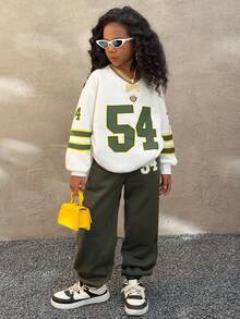 Coolane Kids 2 Stücke Kontrast-Farb-Digital-Muster Langarm Sweatshirt und Bündchen Jogginghose Set für Frühling und Herbst, cooles Mädchen Alltagslook - Armeegrün - Übersicht 3