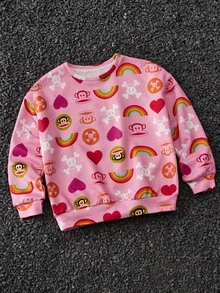 Paul Frank X SHEIN Tween Girls Four Seasons Cartoon Pattern Round Neck Sweatshirt Fall Winter - Pink - View 5