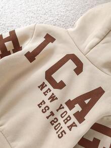 SHEIN 2pcs/Set Baby Boy Cute Versatile Letter Pattern Hoodie Sweatshirt + Green Jogger Pants Outfit, Unisex Baby Clothes, Baby Winter Clothes - Brown - View 5