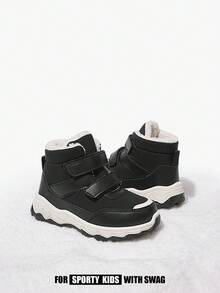 JNSQ 1 Paar Jungen Schwarze Klettverschluss Flache Lässig Bequeme Warme Fleece Schneestiefel, geeignet für winterliche Outdoor-Aktivitäten im Alltag